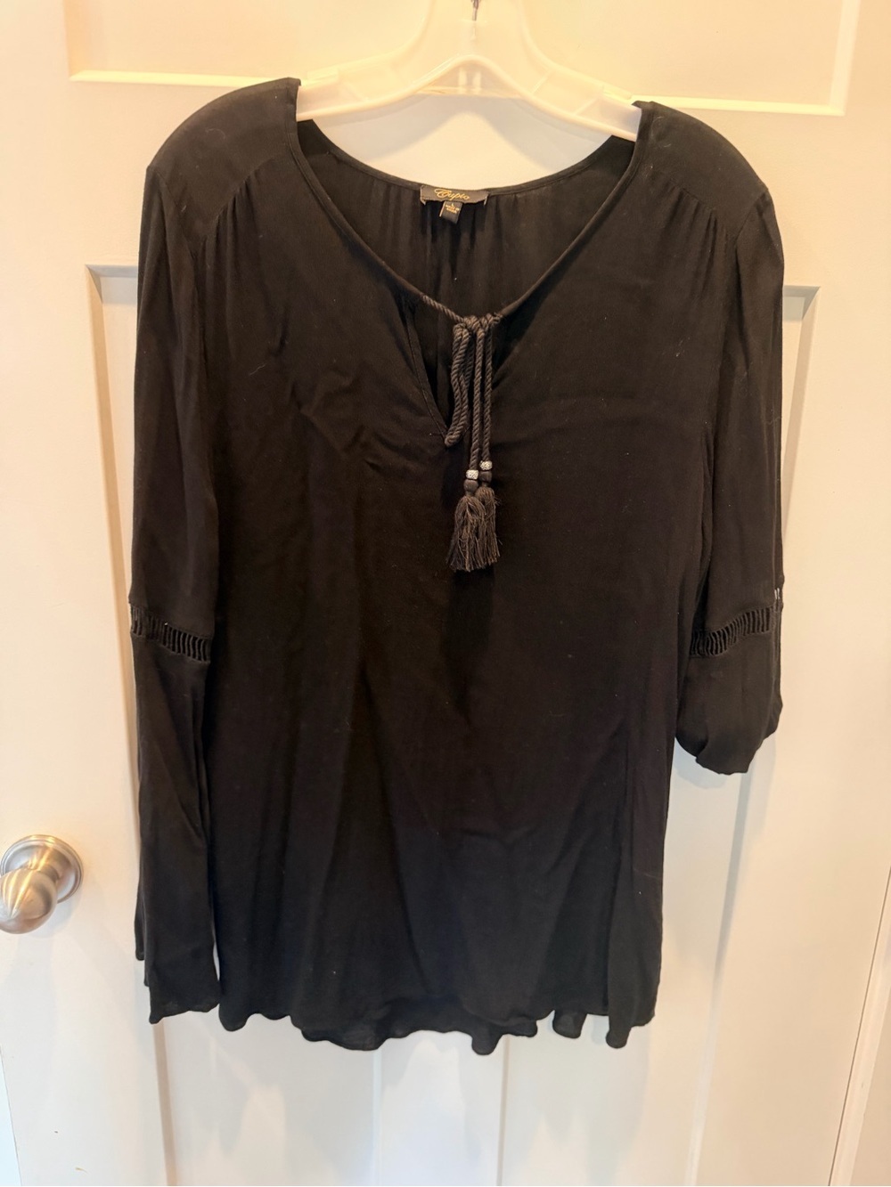 Cupio Black Tassel Tie Peasant Blouse Boho 3/4 Sleeve Top Women’s Large